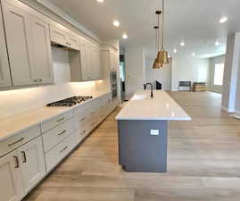 Kitchen with gray cabinets, a center island with sink, pendant lighting, open floor plan, and light wood finished floors