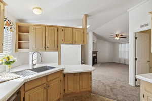 Kitchen featuring lofted ceiling, a sink, a ceiling fan, open shelves, and carpet floors