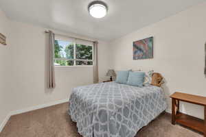 Bedroom with carpet floors and baseboards