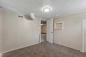 Carpeted empty room featuring a textured ceiling
