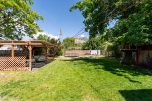View of yard featuring a trampoline, a pergola, and a patio area
