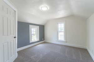 Additional living space with plenty of natural light, vaulted ceiling, carpet floors, and baseboards