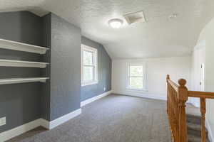 Additional living space featuring a textured wall, a textured ceiling, lofted ceiling, carpet floors, and baseboards