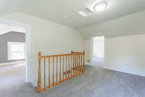 Additional living space featuring vaulted ceiling, carpet, baseboards, and a textured ceiling