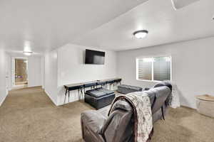 Carpeted living room with baseboards and a textured ceiling