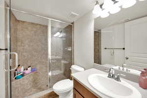 Bathroom with vanity, toilet, and a stall shower