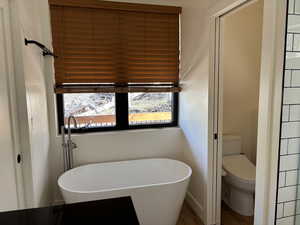 Bathroom with a soaking tub and toilet
