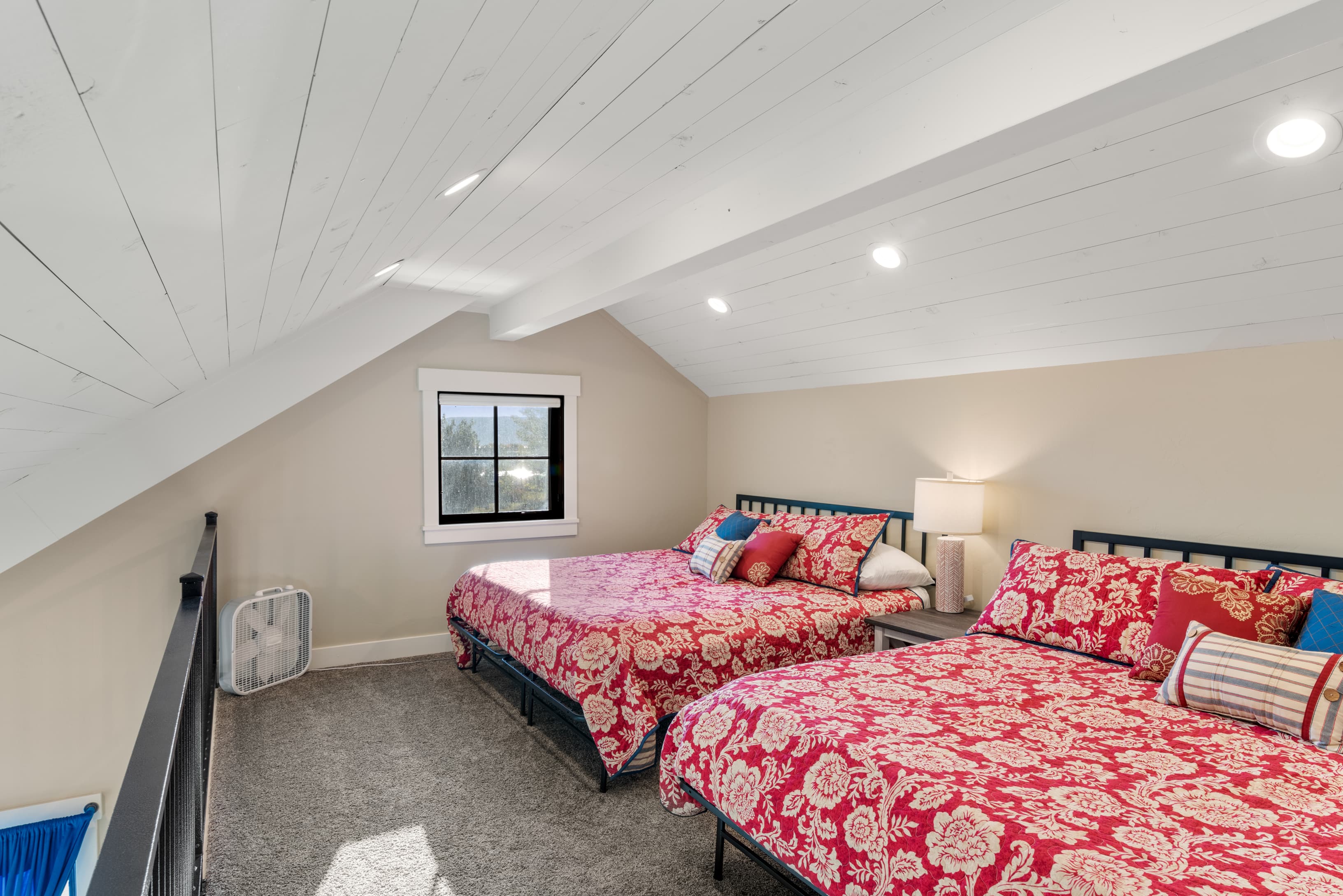 Carpeted bedroom with recessed lighting, baseboards, and wood ceiling