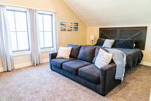 Bedroom featuring vaulted ceiling, carpet floors, multiple windows, and baseboards