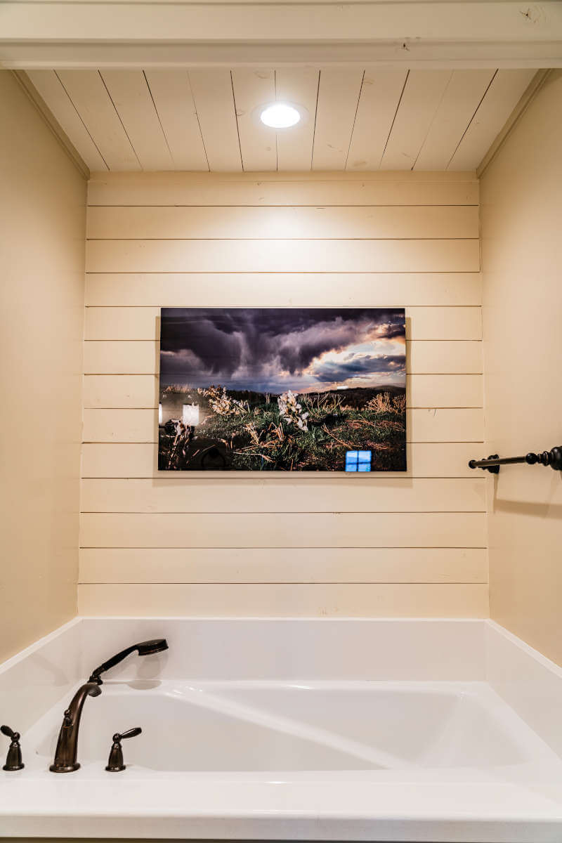 Full bathroom with wood walls, a garden tub, and wooden ceiling
