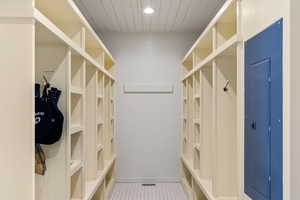 Mudroom featuring baseboards, wood ceiling, recessed lighting, and tile patterned flooring