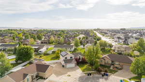 Aerial view of residential area with a mountain backdrop