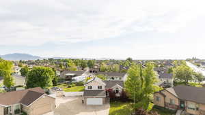 Aerial perspective of suburban area with mountains