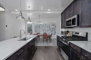 Kitchen featuring stainless steel appliances, a sink, light countertops, dark wood finished floors, and backsplash
