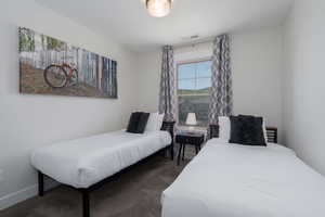 Bedroom with dark colored carpet