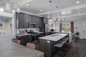 Kitchen featuring stainless steel appliances, dark wood-type flooring, a sink, a kitchen island with sink, and a breakfast bar area