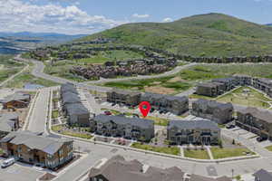 Aerial perspective of suburban area with mountains