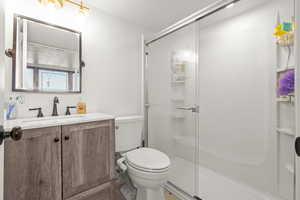 Full bathroom featuring vanity, a stall shower, toilet, and a textured ceiling