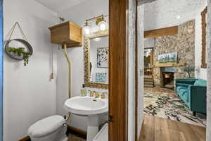 Bathroom with wood finished floors, a sink, and toilet