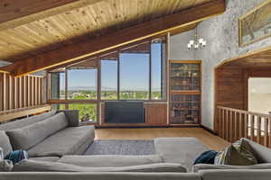 Living room featuring wood finished floors, a chandelier, and wallpapered walls