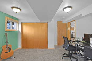 Carpeted home office with baseboards