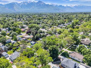 Aerial view of residential area with mountains