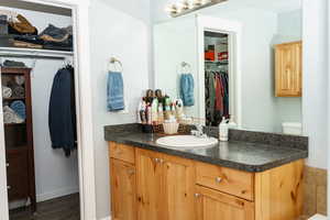 Bathroom with vanity, a walk in closet, wood finished floors, and toilet