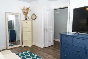 Bedroom featuring baseboards and dark wood-style floors