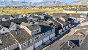 Aerial view of residential area with mountains