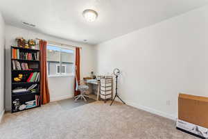 Home office with baseboards, carpet, and a textured ceiling