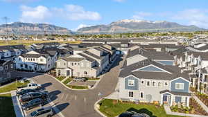Aerial view of residential area with mountains