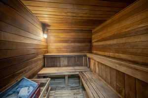 Relaxing sauna / steam room featuring wooden ceiling and wooden walls