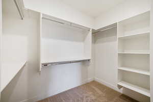 Walk in closet featuring light colored carpet