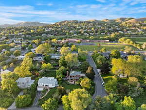 Aerial perspective of suburban area with mountains