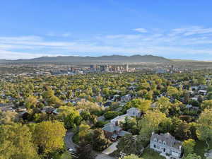Aerial view of property's location with a mountain backdrop