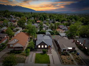 Aerial view at dusk of a mountain view and a residential view