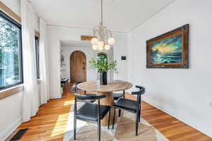 Dining room featuring light wood-style flooring and baseboards