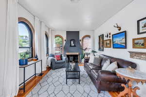 Living room featuring wood finished floors, plenty of natural light, and a fireplace