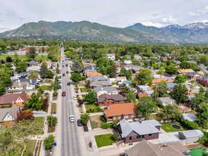 Aerial view of residential area with mountains