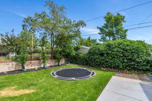 View of yard with a trampoline and a patio