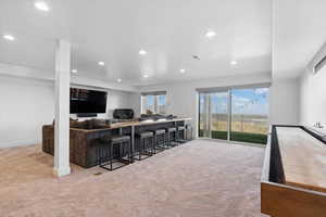 Carpeted living area with recessed lighting and baseboards