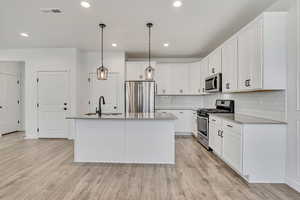 Kitchen with stainless steel appliances, a sink, a center island with sink, tasteful backsplash, and light wood-type flooring