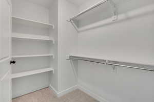 Spacious primary walk in closet with light carpet
