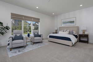 Bedroom with baseboards, carpet, wallpapered walls, recessed lighting, and an accent wall