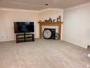 Family+ room featuring crown molding, carpet floors, baseboards, and a tiled fireplace