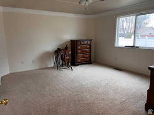Main bedroom with crown molding, carpet floors, a ceiling fan, and baseboards
