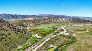 Bird's eye view of a mountainous background