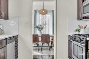 Kitchen featuring stainless steel appliances, decorative backsplash, light countertops, and dark brown cabinets