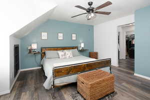 Bedroom with wood finished floors, baseboards, and ceiling fan