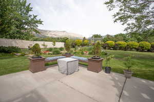 View of patio featuring a mountain view